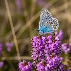 Fototapeta premium A small blue butterfly rests quietly on a purple flowering heather plant in a sunny, dry heathland environment, showcasing summer, vibrant, outdoor, daylight