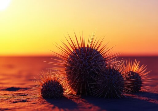 A vibrant but hostile landscape where sharp, protective spines cover resilient desert flora beneath the intense, dry sun, barren, wilderness, nature