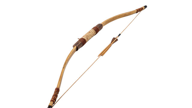 Traditional wooden recurve archery bow hunting weapon isolated on a transparent background