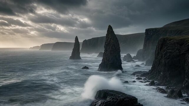 Dramatic coastal cliffs with sea stacks and rough ocean under cloudy sky