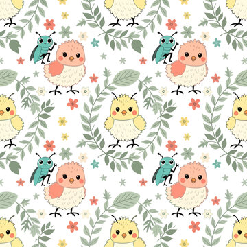 Cute chicks and bugs seamless pattern