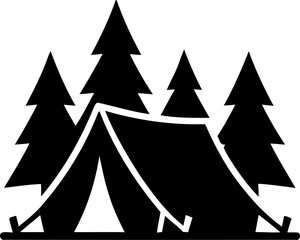 Fototapeta premium Tent pitched in forest with pine trees during outdoor recreation Vector Silhouette Isolated on white background