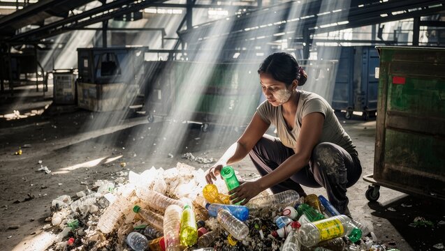 Woman sitting in a recycling facility sorting plastic waste