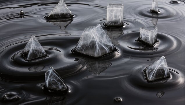 Melting ice cube floating in dark, rippling liquid