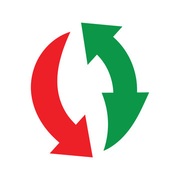 Red Downward And Green Upward Curved Arrows Representing Financial Stock Market Trends.