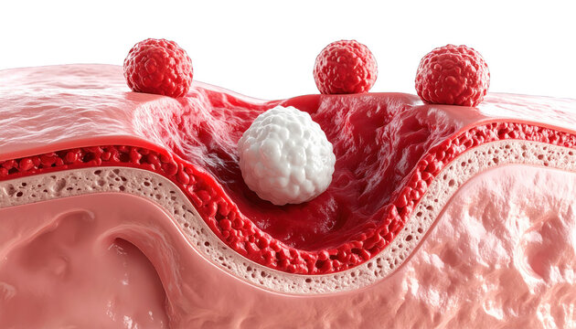 Conceptual 3D illustration of a skin lesion or infection, depicting foreign agents causing inflammation and tissue damage within the dermis and epidermis layers