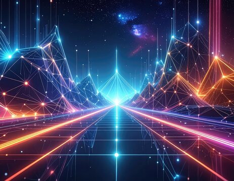 Neon geometric mountains and paths stretch into a starry digital expanse