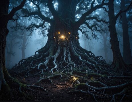 Ancient, gnarled tree with glowing eyes and exposed roots in a misty forest