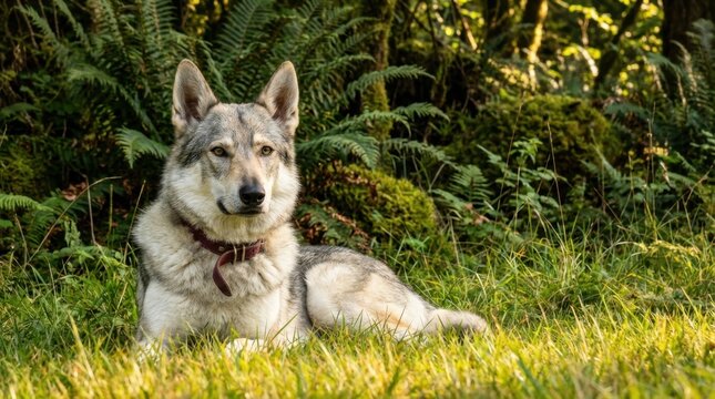 Majestic Wolf-Dog Resting Peacefully Amidst Lush Greenery and Sunlight in Natures Embrace.
