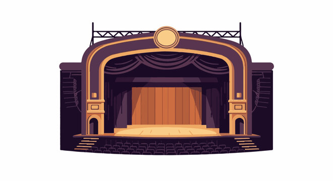 A pixel art illustration of an empty theater stage with curtains seats and decorative arches