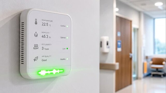 Healthy indoor air quality monitor mounted hospital building wall and corridor displays temperature humidity occupancy sensor status with green