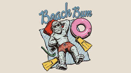 Retro vintage Bigfoot sunbathing on beach towel with snorkeling gear, 'Beach Bum' character illustration for t-shirt design and summer apparel. © Rizky Fadel