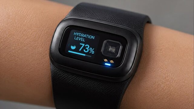 Low power wearable sensor health tracker hydration level 74% blood oxygen 72% on wrist with sleek black band small display and blue LED