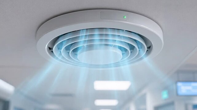 Smart Ventilation Ceiling Device in Modern Hospital Corridor with Blue Light and Blue Airflow in Clean Interior Office Atmosphere