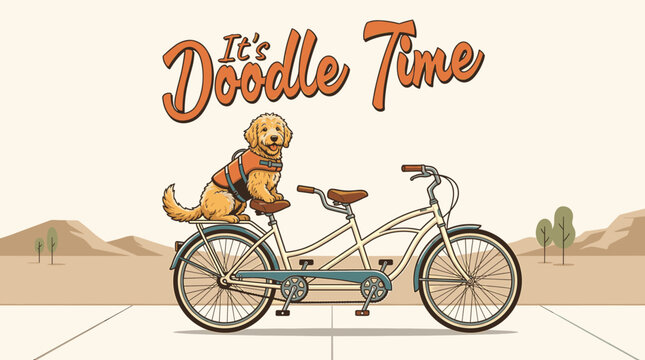 Whimsical retro goldendoodle dog wearing life jacket on tandem bicycle in desert, vintage graphic illustration for apparel and pet branding