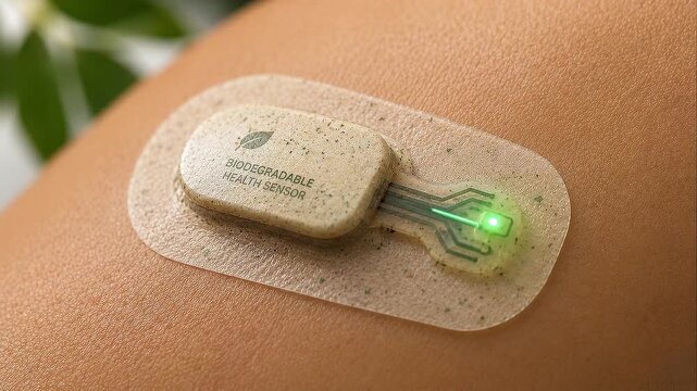 Biodegradable health sensor wearable device on skin for sustainable medical monitoring and patch use with green light