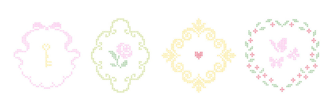 Cross-stitch frames and borders. Oval, round shapes with vintage embroidery elements. Retro hand made covers for branding, scrapbooking and social media.