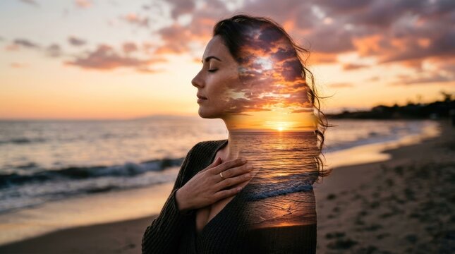 Double exposure portrait of a woman with a sunset over the ocean blended into her hair.