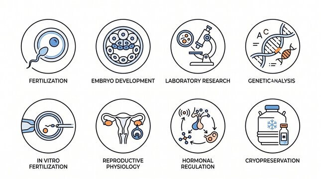 Eight reproductive science icons symbolizing fertilization, genetics, and laboratory research in modern minimalist vector line design.