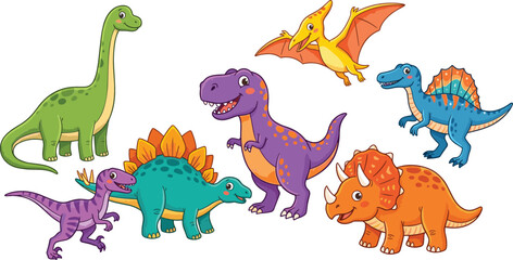 Cute Cartoon Dinosaur Characters Vector Icon Set Featuring Tyrannosaurus Rex Triceratops Stegosaurus and Pterodactyl for Children Books Education and Birthday Party Designs © Nayem