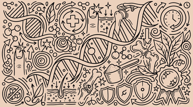 Biological and health sciences doodle collage representing DNA anatomy and wellness with hand drawn genetics wellness research chromosome biotechnology molecule healthcare education