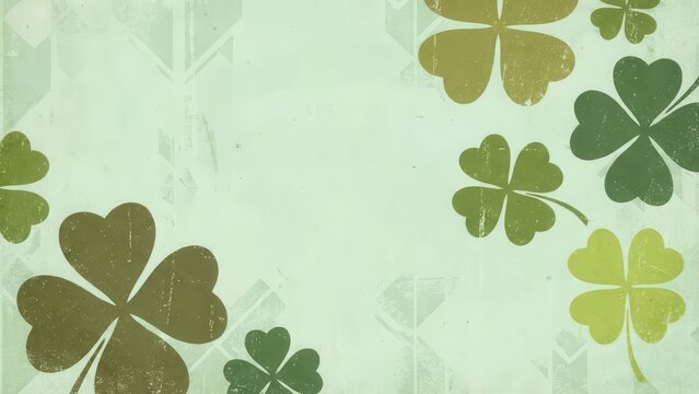  Green textured background with scattered shamrock silhouettes, festive St Patrick&rsquo;s Day border and copy space.