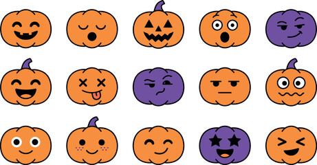 Fototapeta premium Cartoon pumpkin emoticons collection halloween faces vector illustration