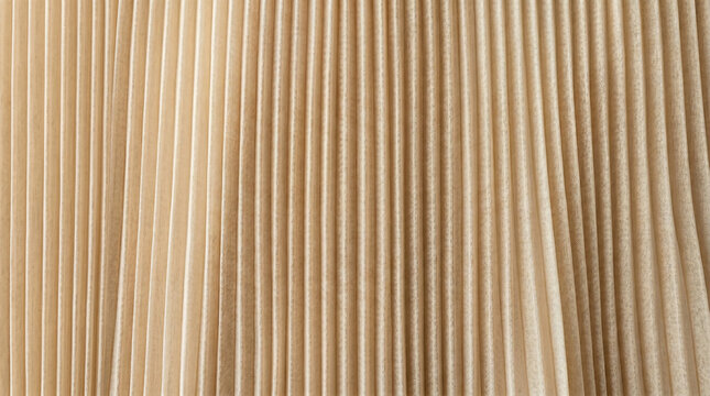 Close-up of beige pleated fabric texture with vertical pliss&eacute; accordion folds, elegant champagne chiffon silk material background for luxury design
