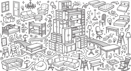 Fototapeta premium Hand-drawn furniture and home interior elements pattern design set with furniture interior decoration collection apartment household furnishings comfortable lifestyle illustration