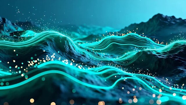 Abstract glowing wave over mountain landscape