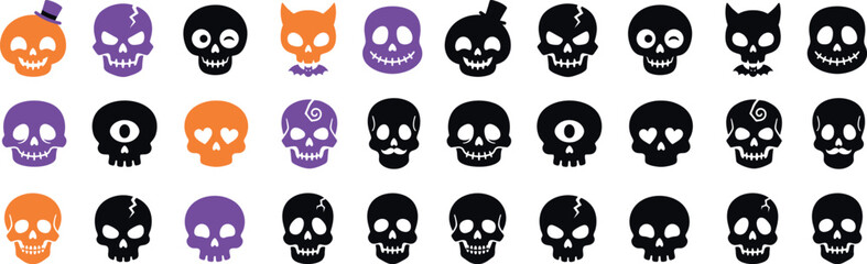 Obraz premium Halloween skull and cat icon set vector illustration for seasonal designs