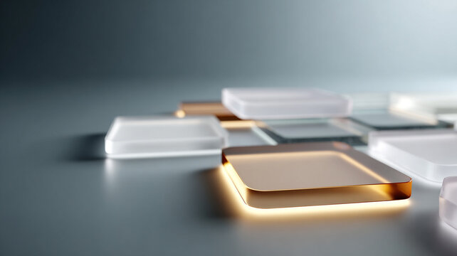 Translucent frosted glass square on gray surface with glowing gold edge and soft blurred background