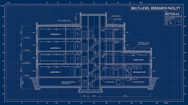 A detailed architectural cross-section blueprint of a multi-level research facility, showing building structure, floor layouts, and technical specifications on a classic blue grid background