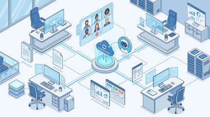Fototapeta premium Isometric illustration of a modern office environment with cloud computing and networked workstations, showing data flow and remote collaboration.