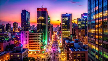 Obraz premium Vivid city skyline at dusk, bathed in colorful lights, with bustling streets below