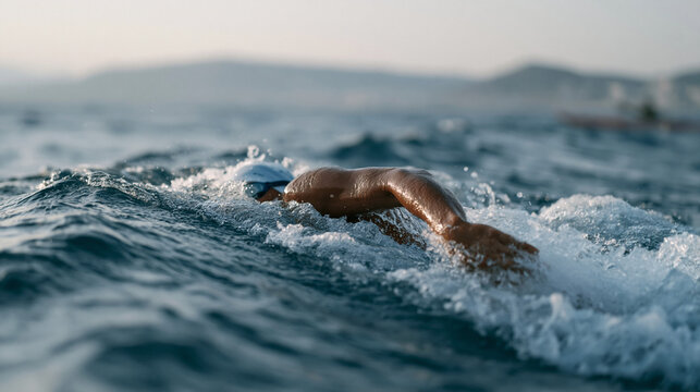 Nigerian open water swimmer mid-stroke in choppy offshore conditions during organized challenge event, support kayak visible nearby, overcast sky, endurance swimming imagery for