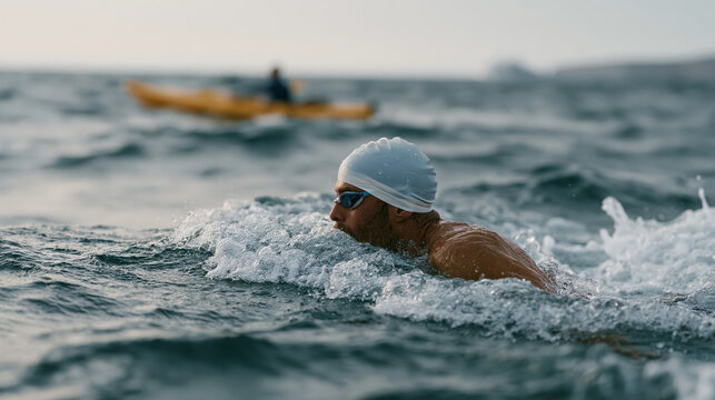 Nigerian open water swimmer mid-stroke in choppy offshore conditions during organized challenge event, support kayak visible nearby, overcast sky, endurance swimming imagery for