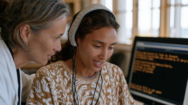 Maori assistive technology specialist assists a physically disabled user in calibrating a brain-computer interface typing system, the user wearing a sleek electrode headset while