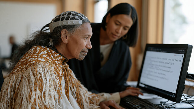 Maori assistive technology specialist assists a physically disabled user in calibrating a brain-computer interface typing system, the user wearing a sleek electrode headset while