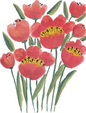 Bouquet of Red Flowers with Yellow Centers Gouache Illustration