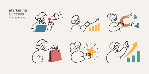 Fototapeta premium Line art character set featuring diverse people in various marketing, growth and success concepts illustration.
