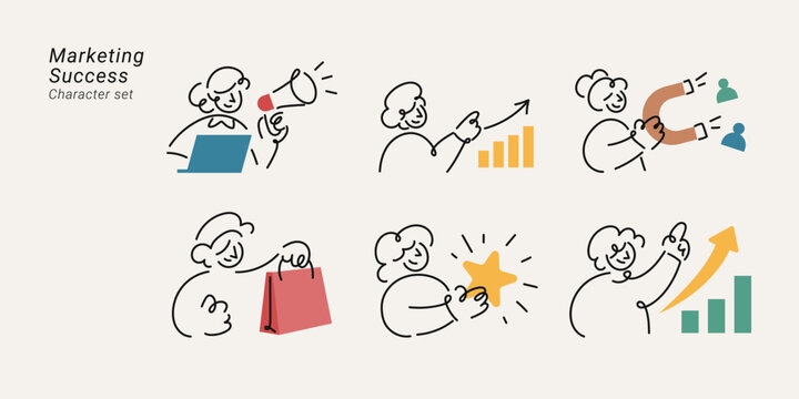 Line art character set featuring diverse people in various marketing, growth and success concepts illustration.
