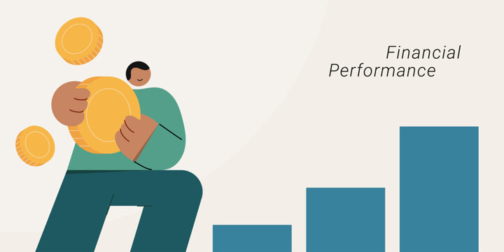 Flat vector illustration of businessman holding gold coin with rising bar chart representing financial growth and income performance.