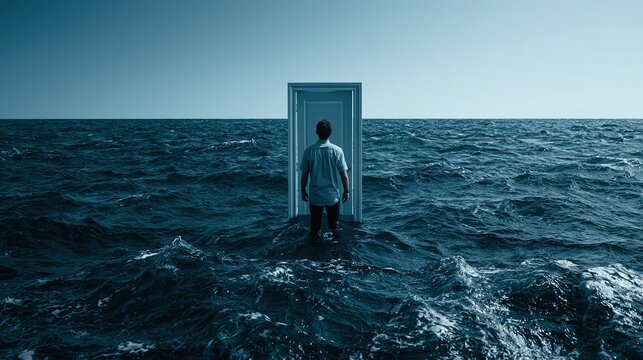 Surreal wide angle scene of back view solitary person standing in choppy deep blue ocean water, calf-deep waves with white foam, facing closed white door frame on sea horizon under bright clear blue s