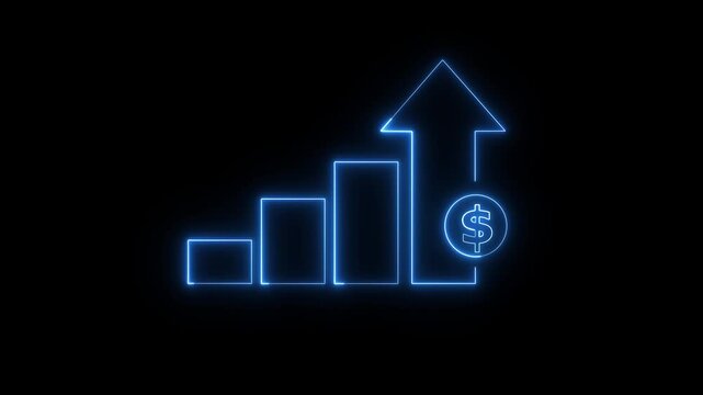 Abstract glowing blue color neon line animated graph and chart with dollar icon on black background.Interest rate, financial and dividend concept.Profit high growth dollar icon.