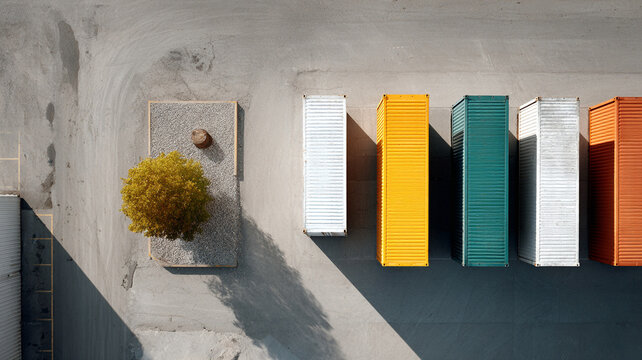 Top down aerial view of cargo container yard with geometric pattern and tree shadow on asphalt