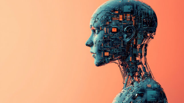 A side-profile of a humanoid robot head with exposed, intricate electronic circuitry is set against a soft peach gradient, embodying themes of advanced artificial intelligence and technological evolut