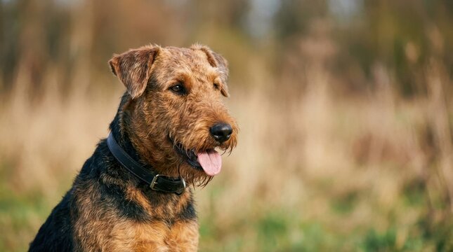 A beautiful Airedale Terrier dog sitting in a field with a blurred background, looking at the camera.