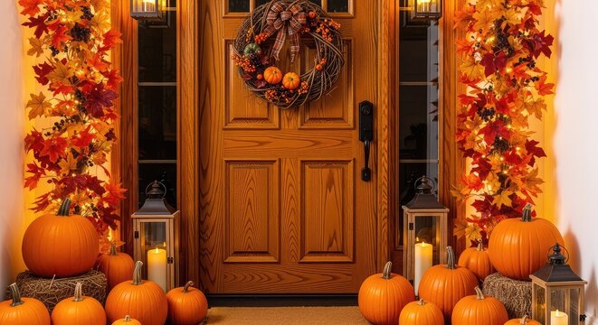 A charming wooden front door is festive with orange pumpkins, autumn leaf garlands, a rustic wreath, and glowing lanterns for Halloween night, entrance, gourd, fall decor