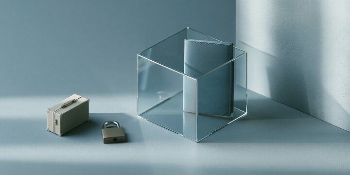 Wallet locked inside transparent glass box
